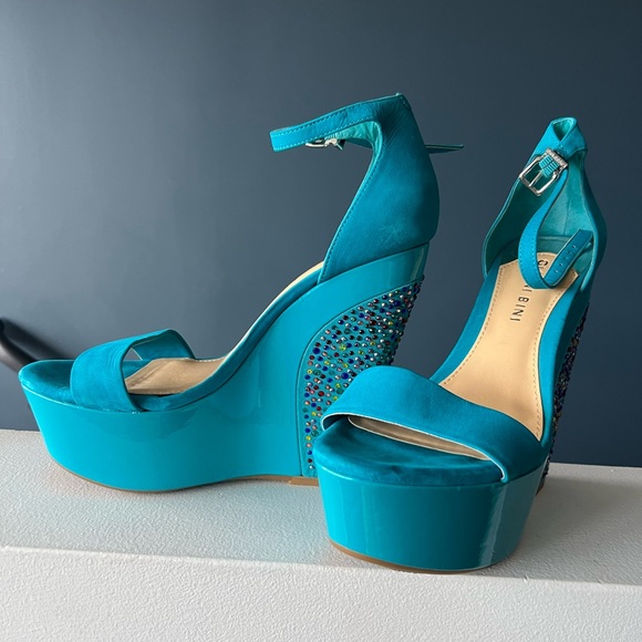 Platform, teal suede sandals with colored stones on heel,size 7.5. - Picture 2 of 5